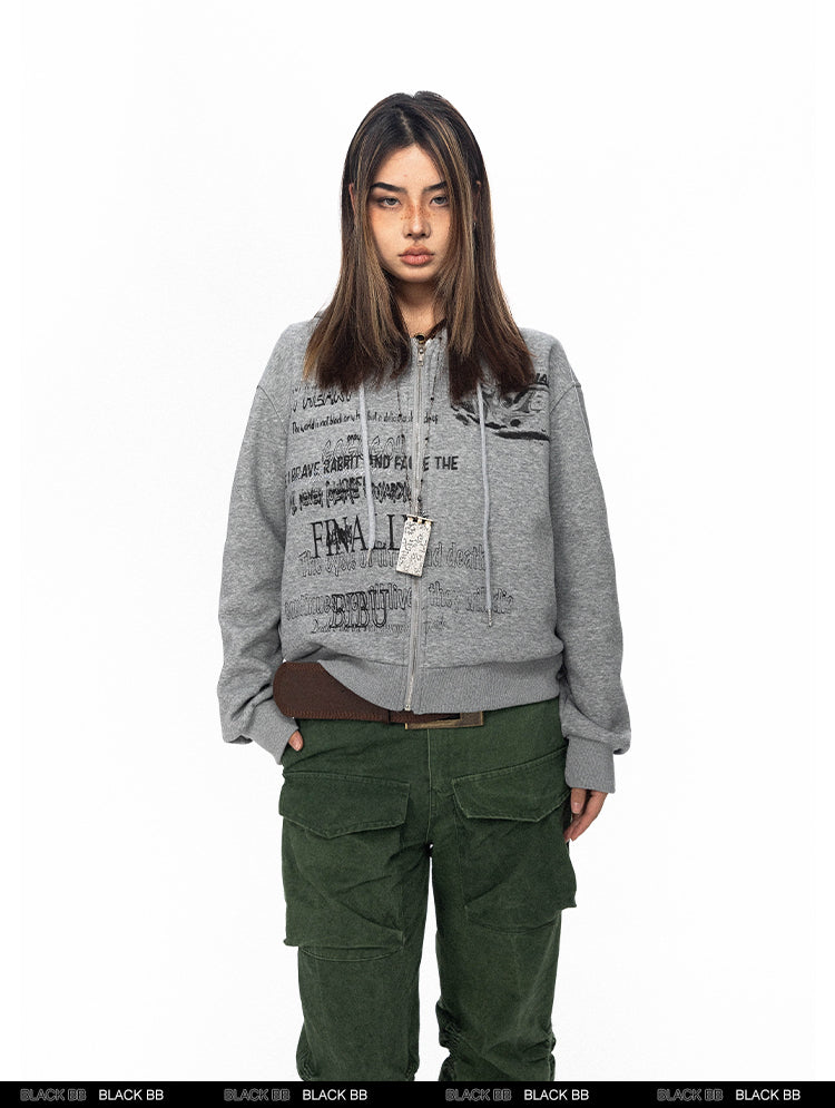 سترة BLACKBB ذات سحاب وطباعة حروف أمريكية قديمة