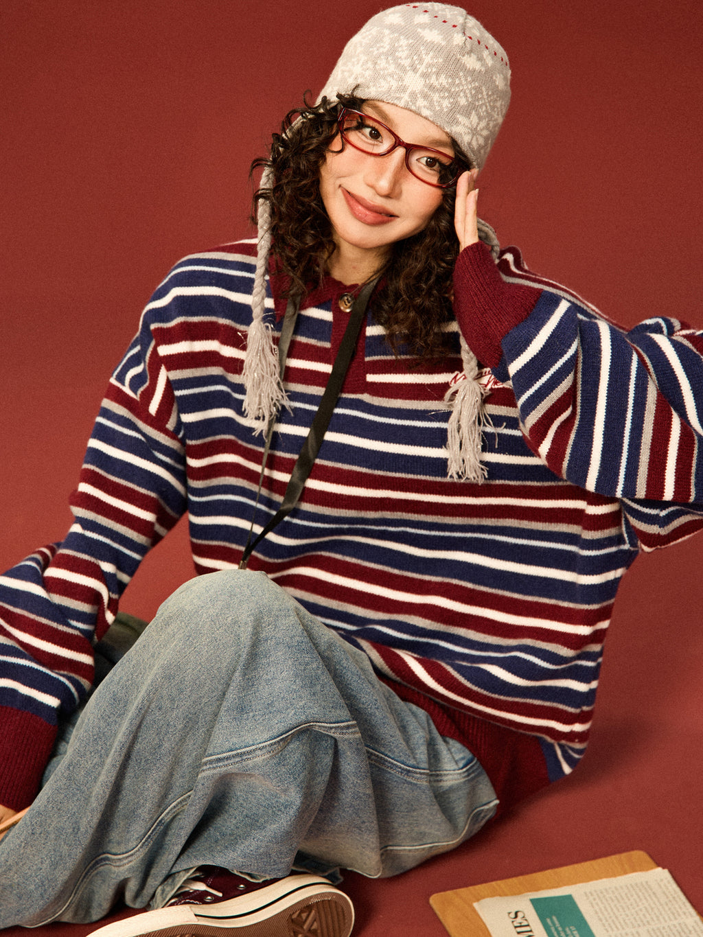 Mershier American Vintage Polo Neck Striped Knit Sweater