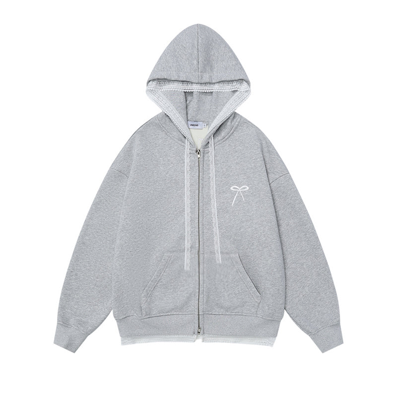 NERESUM lace stitching fake two-piece fleece zipper hoodie lazy style sweet cool design jacket