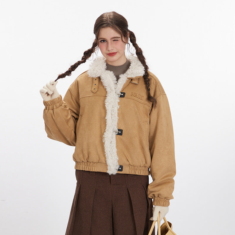 Nariele American retro stand collar Fur loose short  jacket