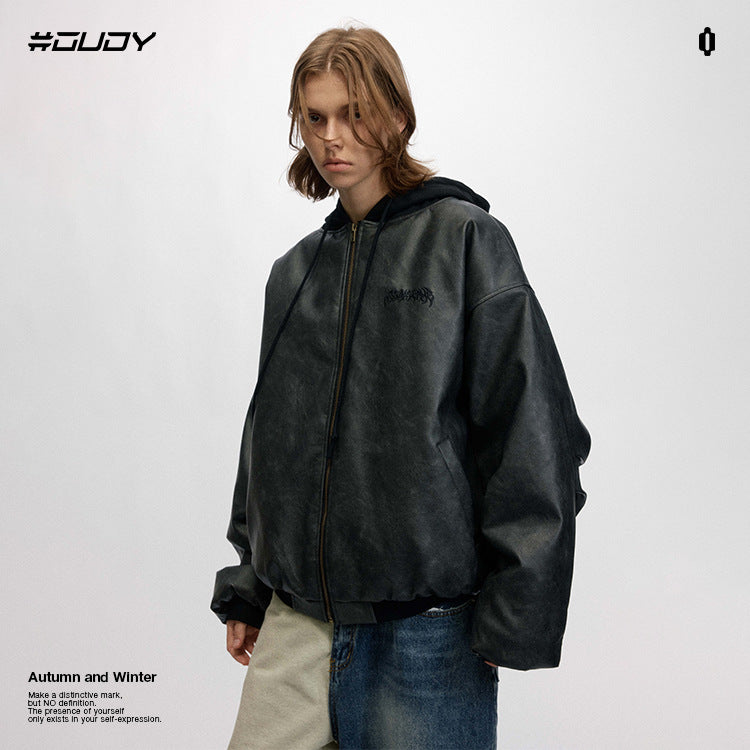 #OVDY Street Wear Retro Loose Thick Hood Zipper Leather Jacket