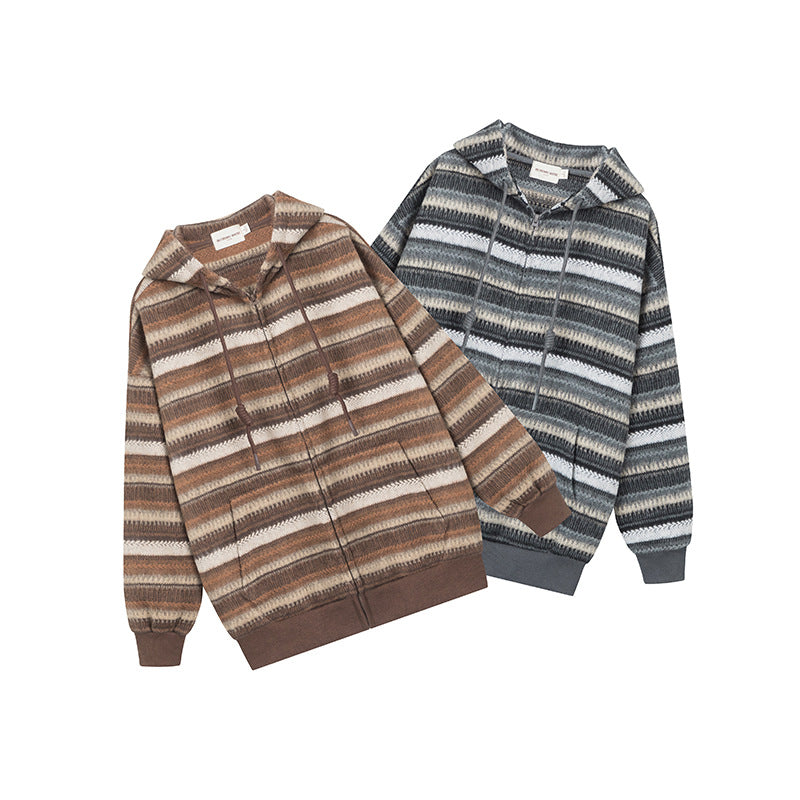 Nariele Retro Stripes Lazy Style Sweater Loose Long Sleeve Knitted Wear Zipper Cardigan