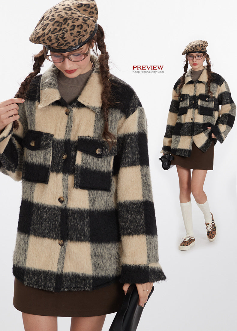 Nariele Plaid Long Jacket Vintage Loose Jacket