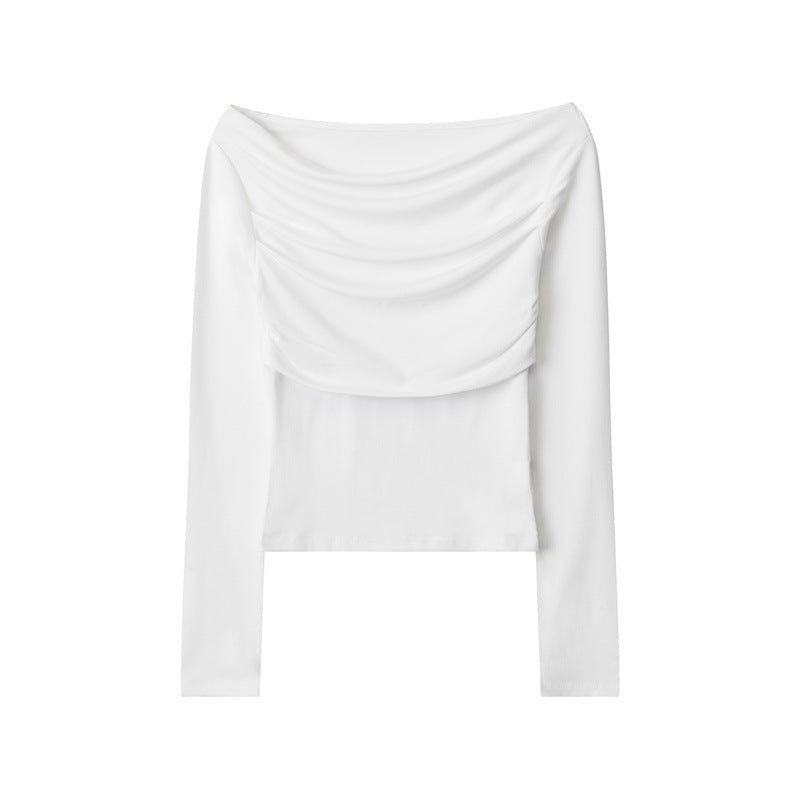 Nariele Multi-pleated Straight Neck Off-shoulder Long Sleeve T-Shirt