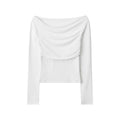 Nariele Multi-pleated Straight Neck Off-shoulder Long Sleeve T-Shirt