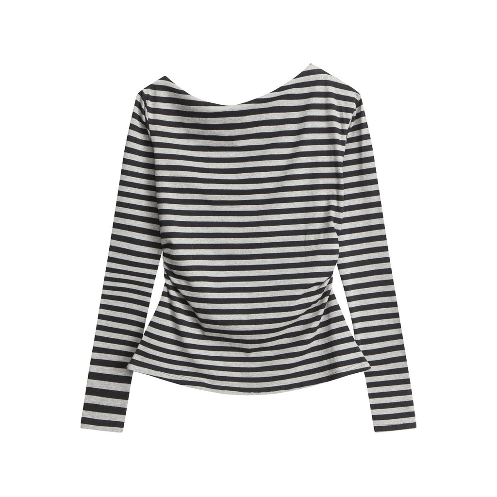Nariele Striped Long Sleeve T-Shirt Slim Top Off Shoulders Cropped Top