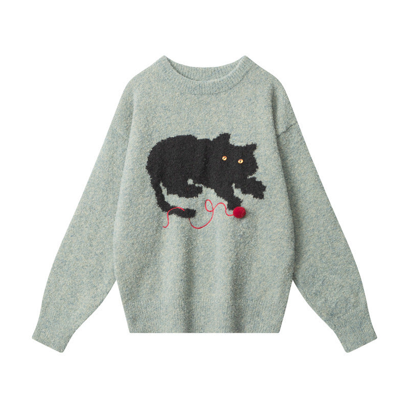 Nariele Cat Sweater Lazy Casual Knitted Loose Retro Crewneck Pullover Sweater