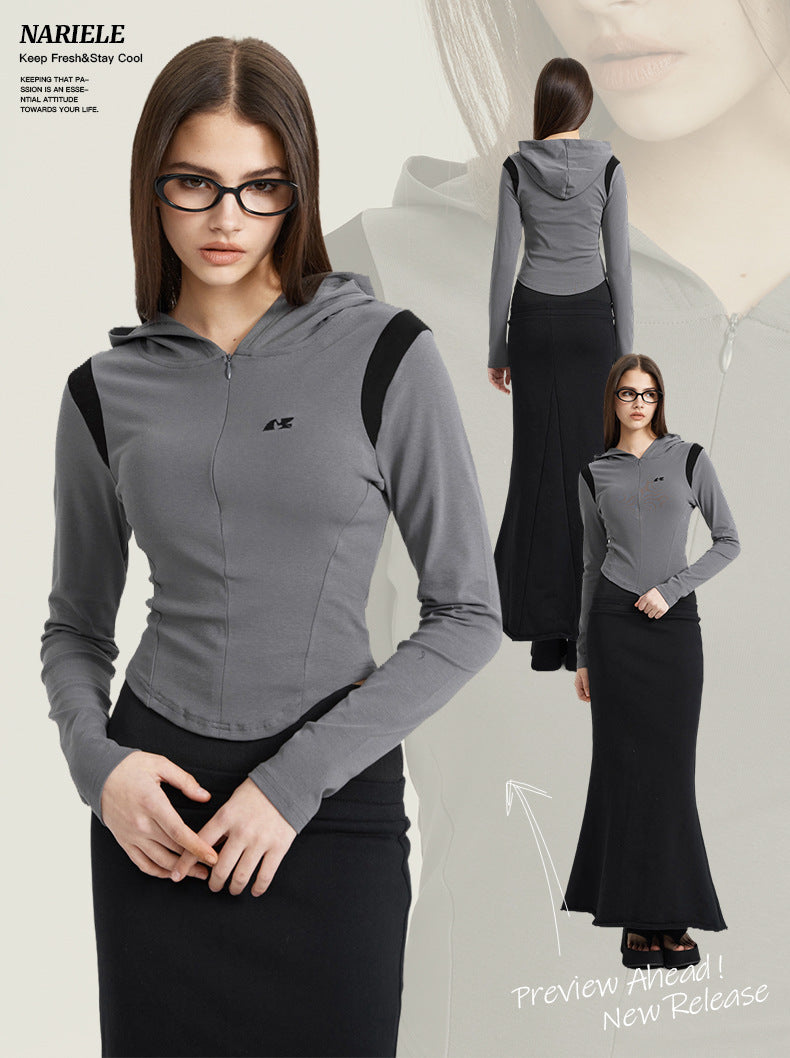 "Clearance" Nariele Casual Slim Long Sleeve Crop Top Fit Jacket Hoodie