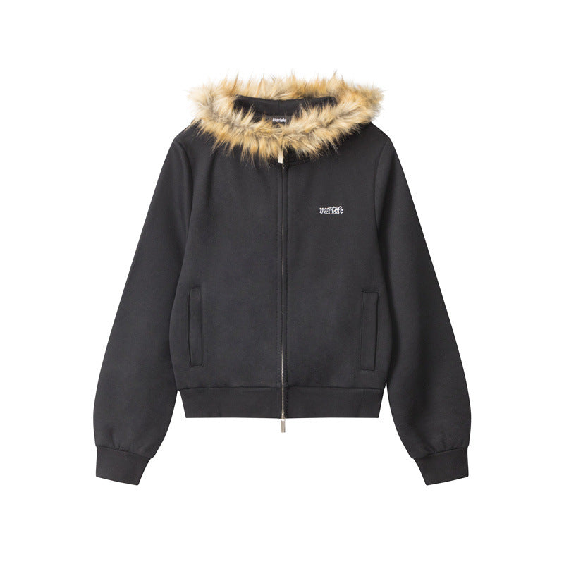 Nariele Fur Hood Embroidery Design Short Sweatshirt Zipper Hoodie