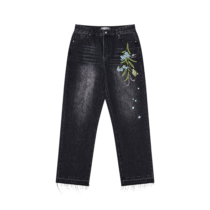 Harshandcruel Cleanfit floral-embroidered wash dehemed jeans