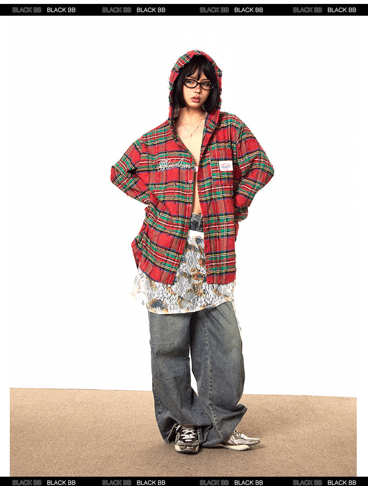 BLACKBB Vintage Embroidered Patch Shirt Red Plaid Raw Top