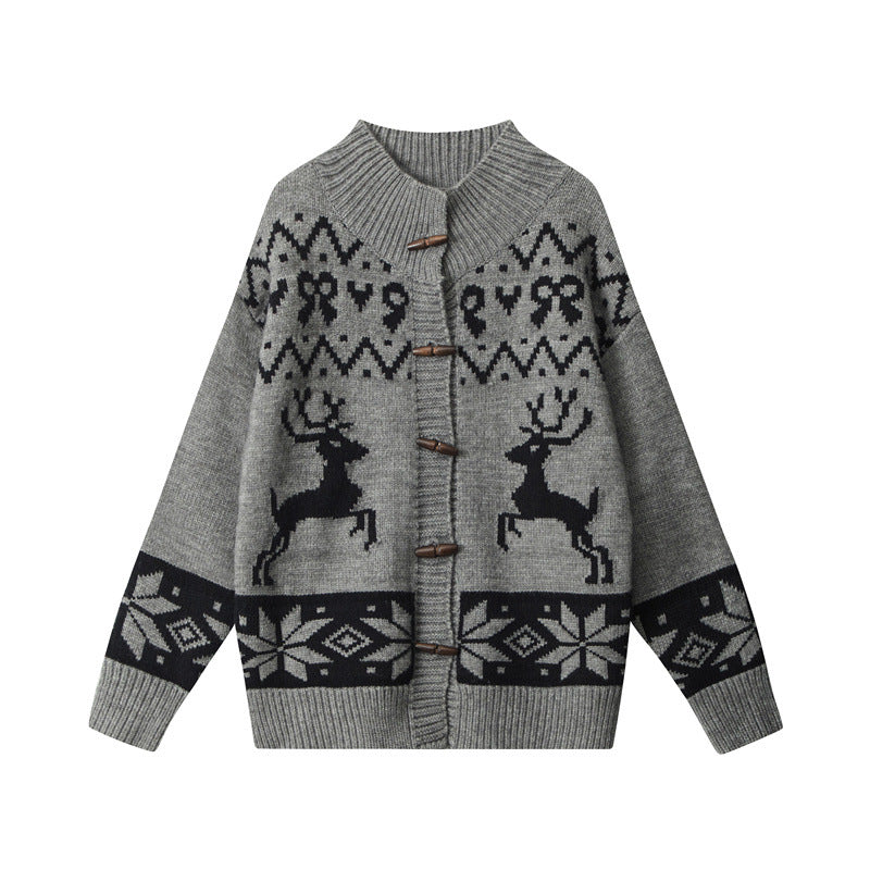 Nariele Christmas cardigan winter lazy loose knit buckle vintage sweater