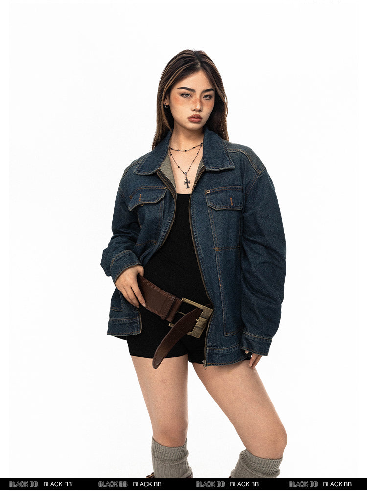 BLACKBB American Vintage Embroidery Washed Gradient Denim Zipper Up Jacket