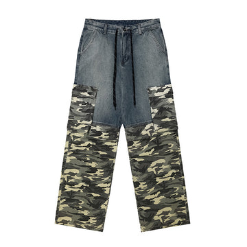 #OVDY Vintage Wash Distressed Patchwork Camouflage Denim Drawstring Trousers