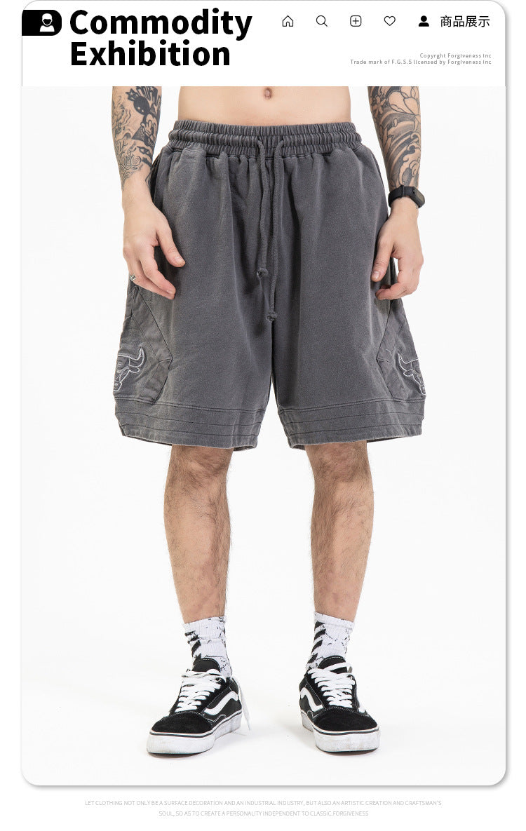 FORGIVNESS  Washed Distressed Retro Bull Head Embroidery Basketball Short