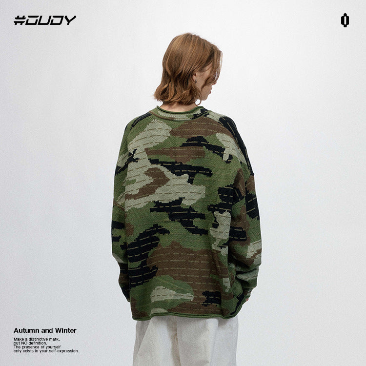 #OVDY  Unisex Thermal Jacquard Craft V-Neck Camouflage Knitwear Sweater