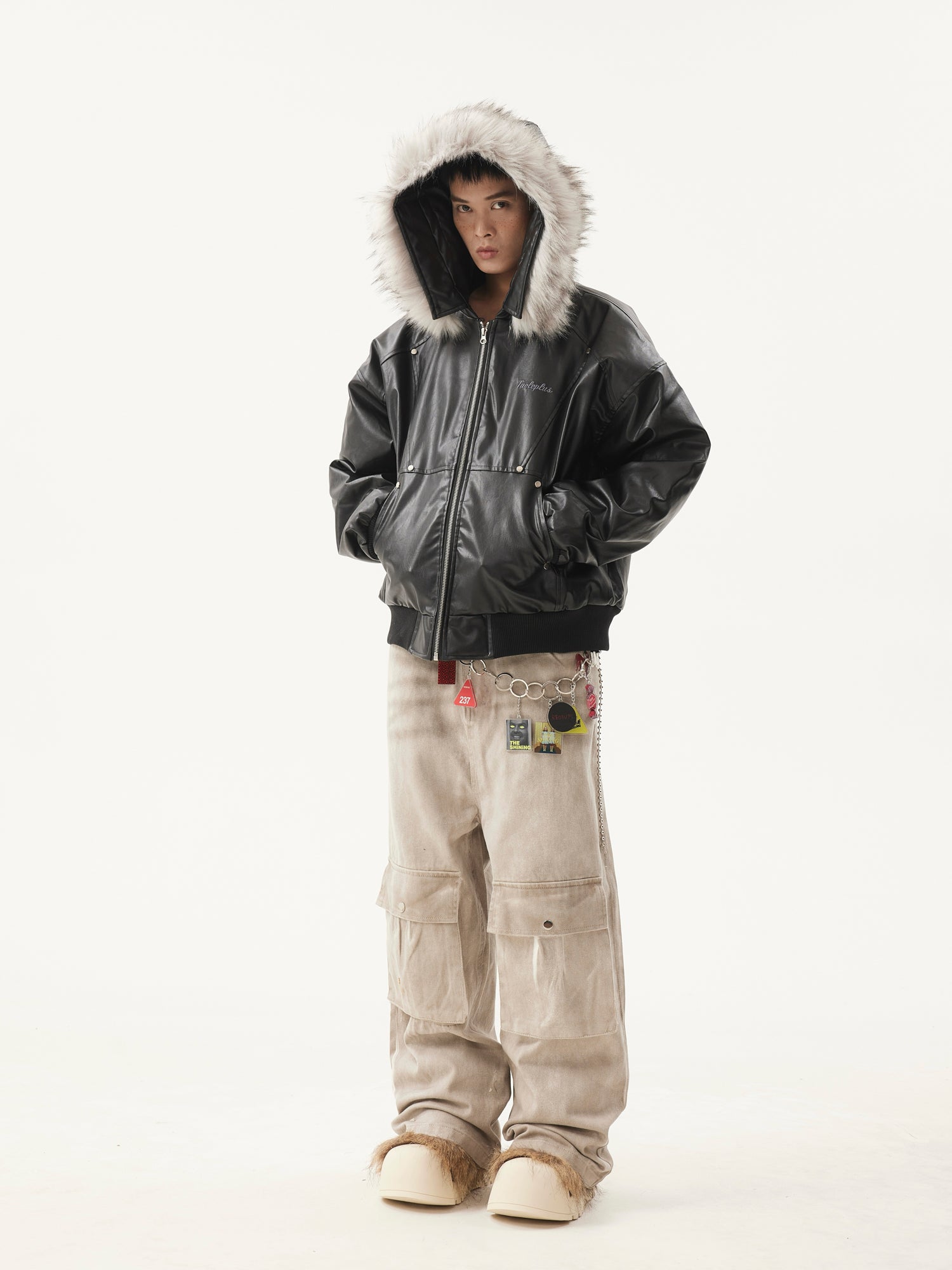 BTSG Detachable Fur Collar PU Leather Jacket