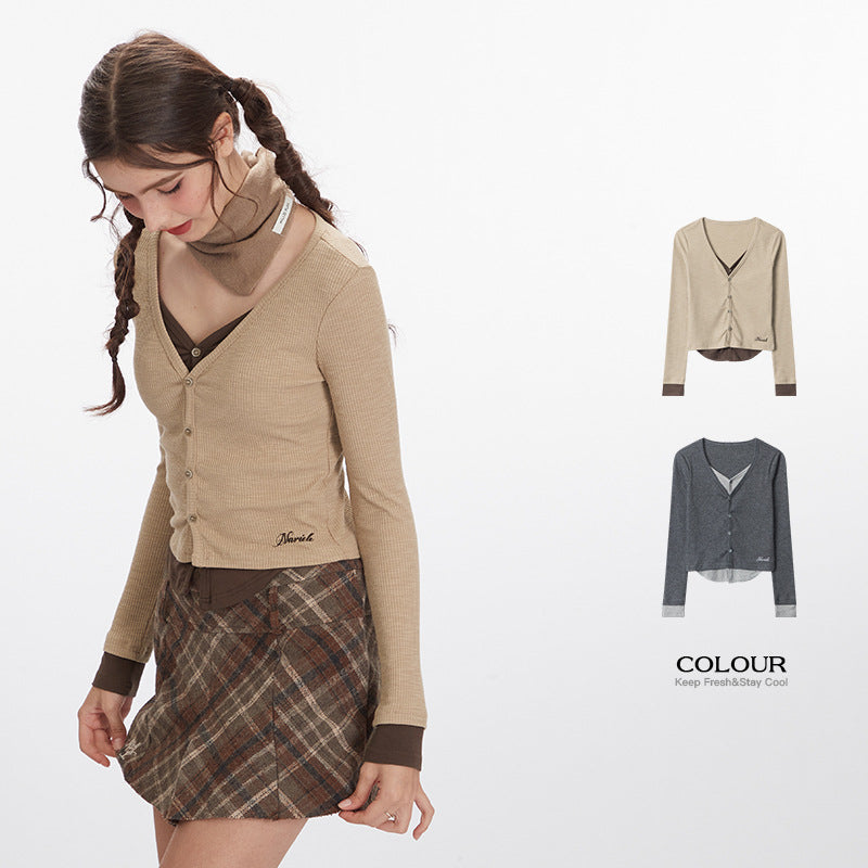 Nariele Fake Two-piece Long Sleeve V-neck Tops Short Slim Sweater