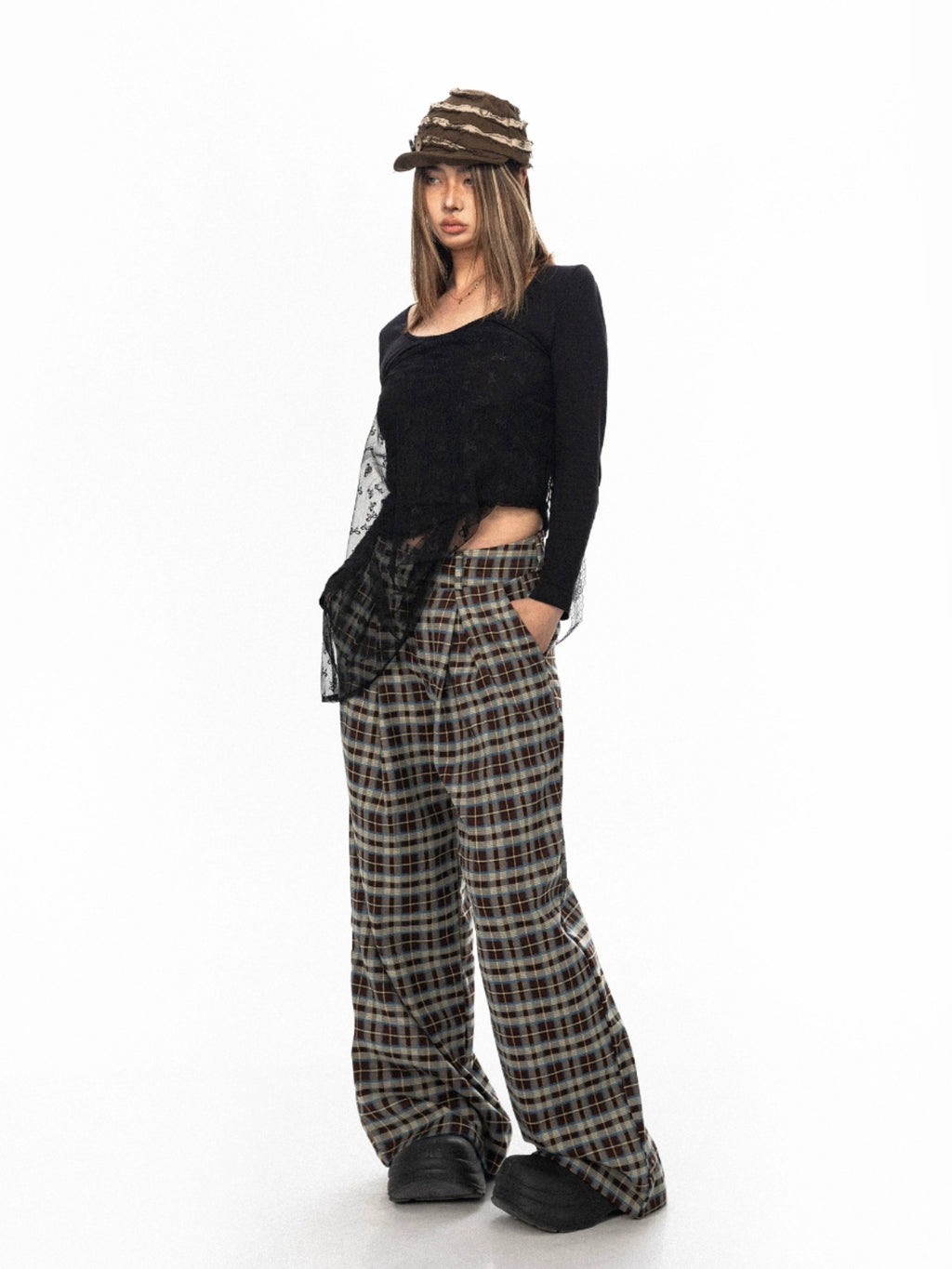 BLACKBB American Retro Checkered Loose Wide Leg Pants
