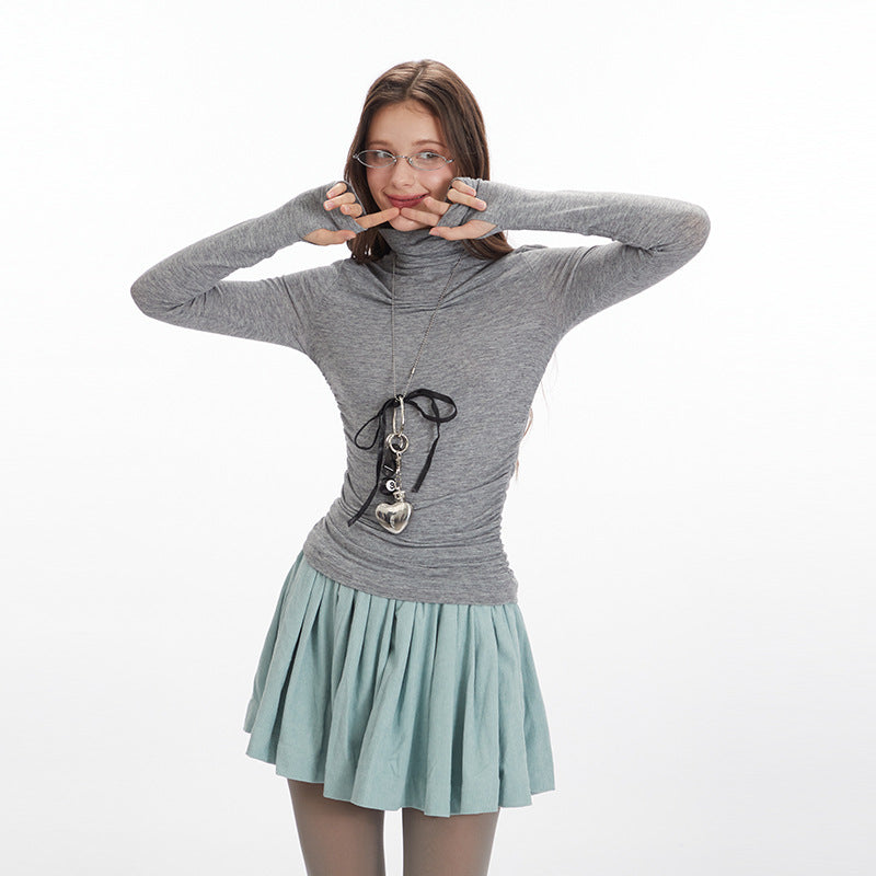 Nariele High Neck Ruffle Long Sleeve Slim Fit Top
