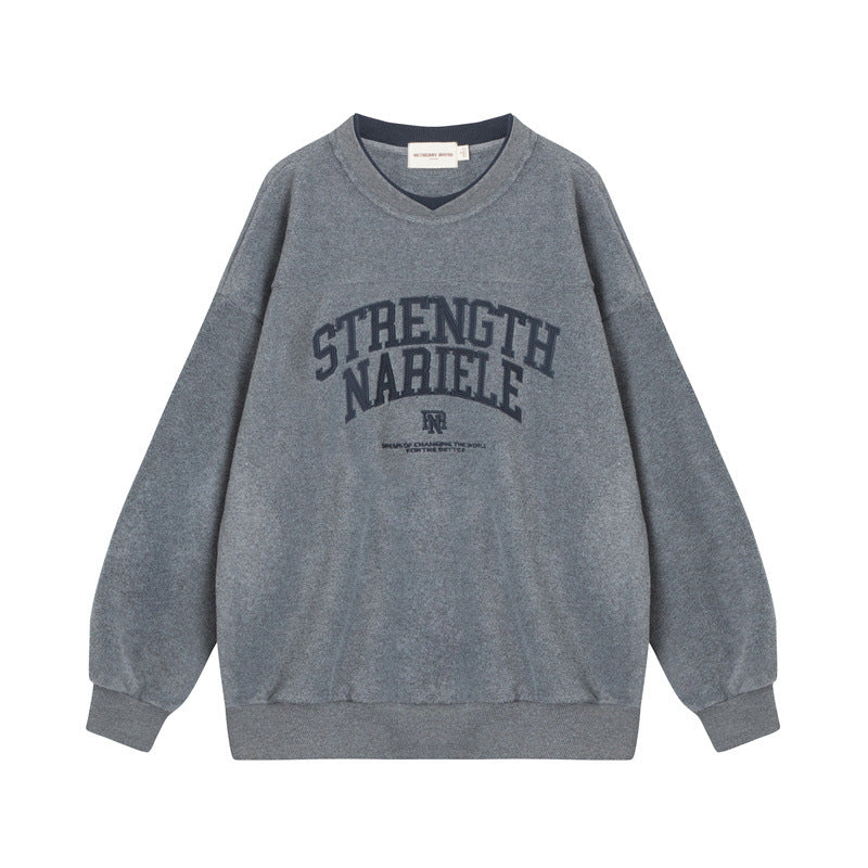 Nariele Unisex Cross Neck letter patch embroidery fake two-piece Casual sweatshirt