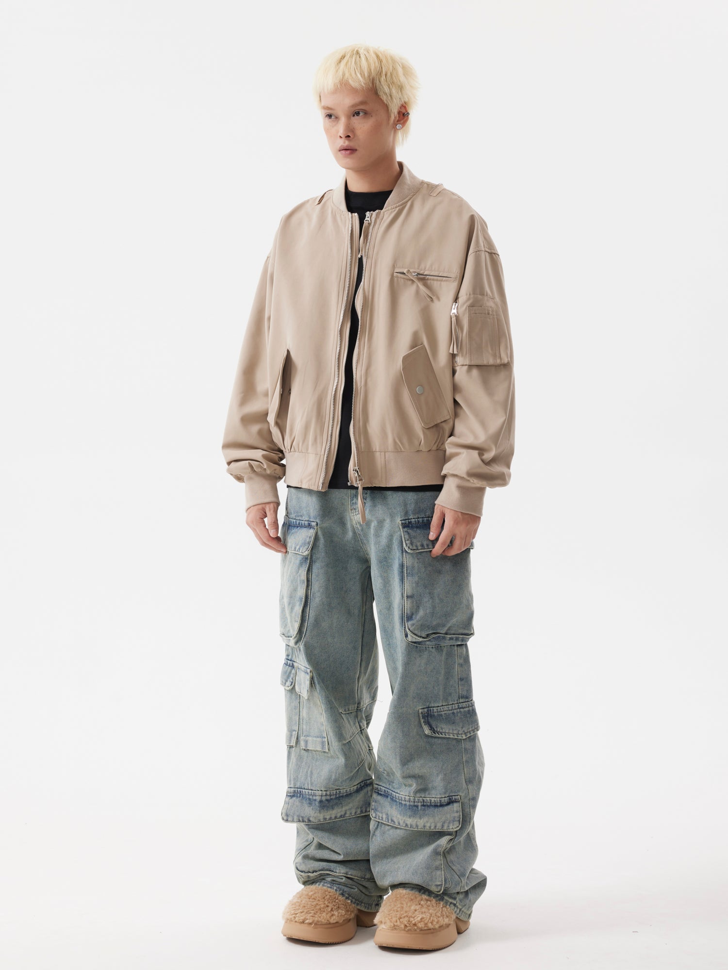 BTSG Heavy Duty Double Zipper Multi Pocket Cropped Bomber Jacket