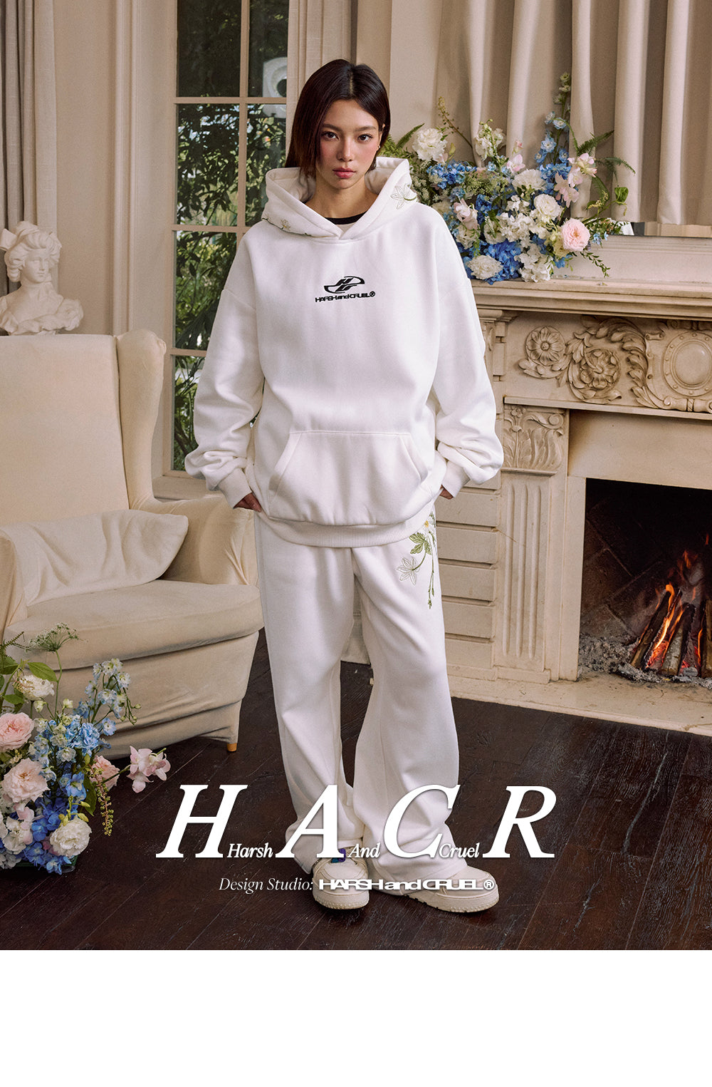 Harshandcruel draped floral embroidered elastic wide-leg straight-leg casual sweatpants