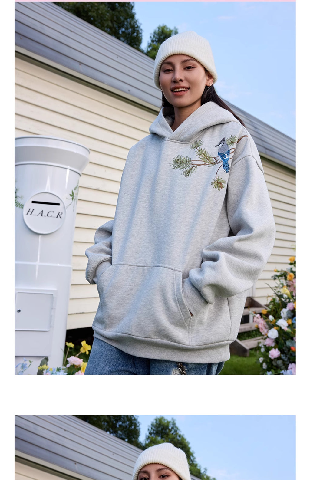 Harshandcruel Chinese Pine Needle Flying Bird Over-the-shoulder Embroidered HACR Hoodie