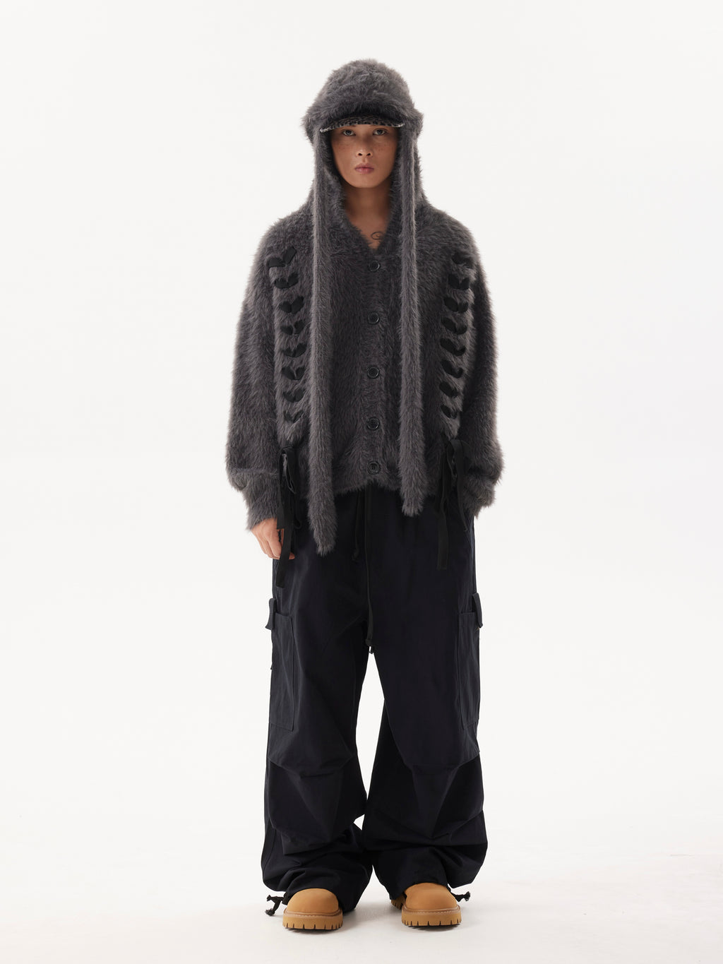 BTSG Plush Mink Fur Drawstring Ear Embellishment Sweater Hoodie