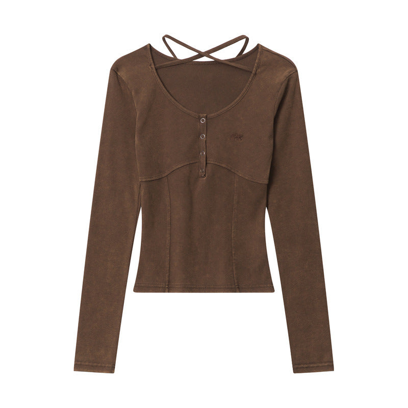 Nariele American solid color lace-up long sleeve Crop Top