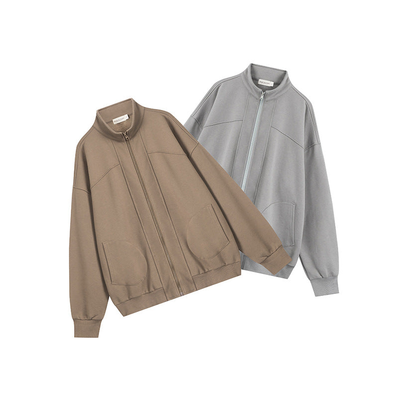 Nariele Unisex Loose Stand Collar Solid Color Retro Sweatshirt Casual Classic Zip Jacket