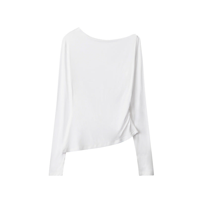 Nariele Elegant Irregular Slim T-Shirt Long Sleeve  Slope Collar Top