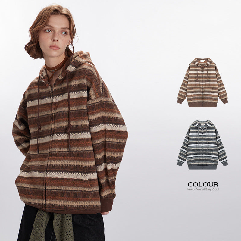 Nariele Retro Stripes Lazy Style Sweater Loose Long Sleeve Knitted Wear Zipper Cardigan