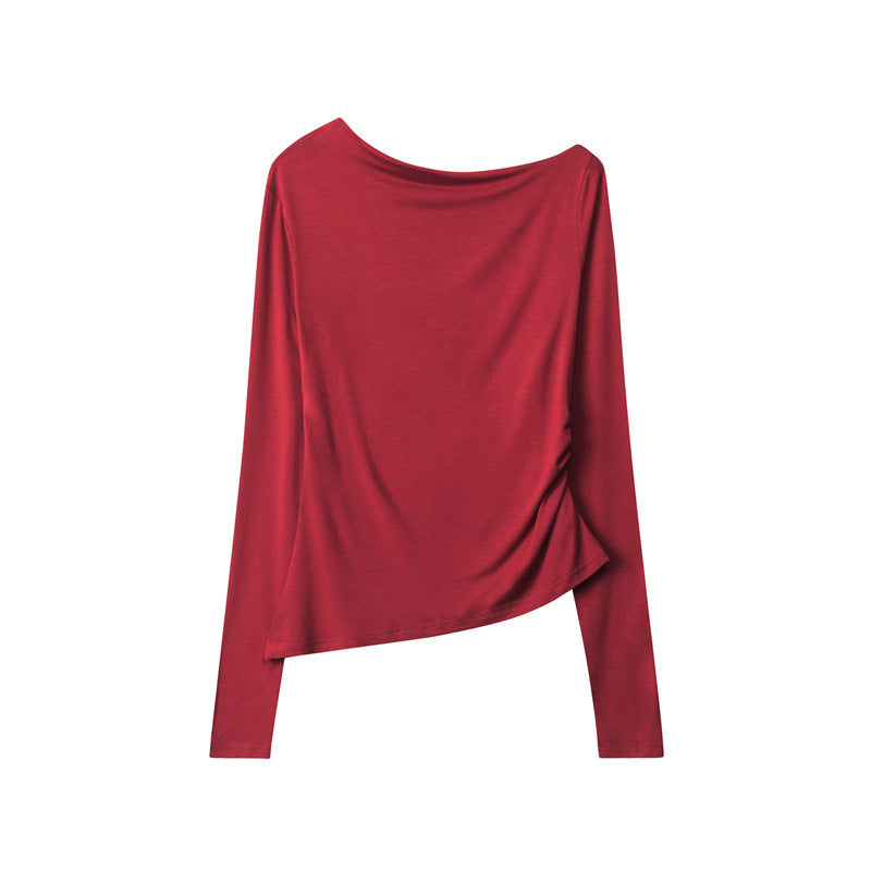 Nariele Elegant Irregular Slim T-Shirt Long Sleeve  Slope Collar Top