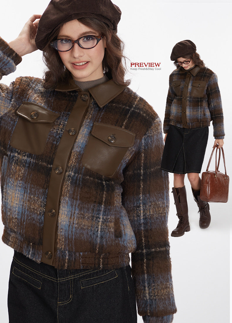 Nariele Retro American Vintage PU Leather Short Plaid Cotton Jackets