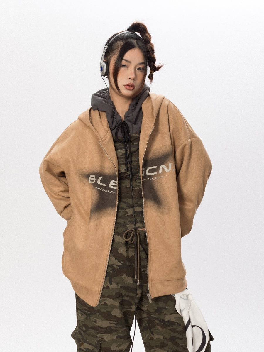 سترة BLACKBB American Vintage Star Print من جلد الغزال بسحاب لأعلى