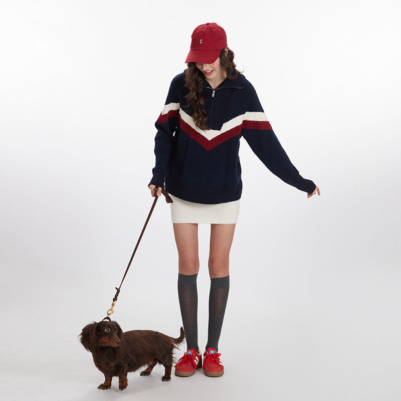 Nariele American Retro Style Striped Knit Loose Pullover Sweater