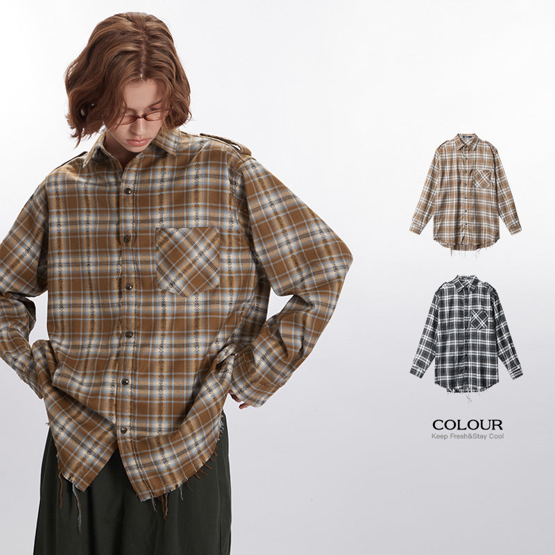 Nariele Plaid Shirt Long Sleeve Niche Design Unisex Shirt with Edges Loose Retro Top