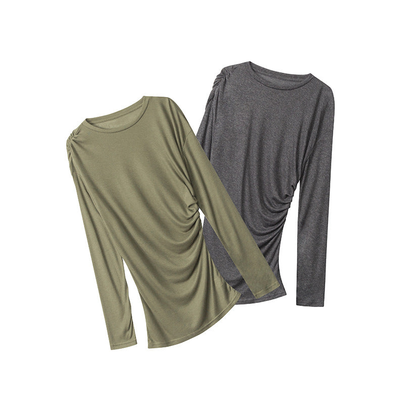 Nariele Ruffle Design Long Sleeve T-Shirt Thin Slim Crew Neck New Top