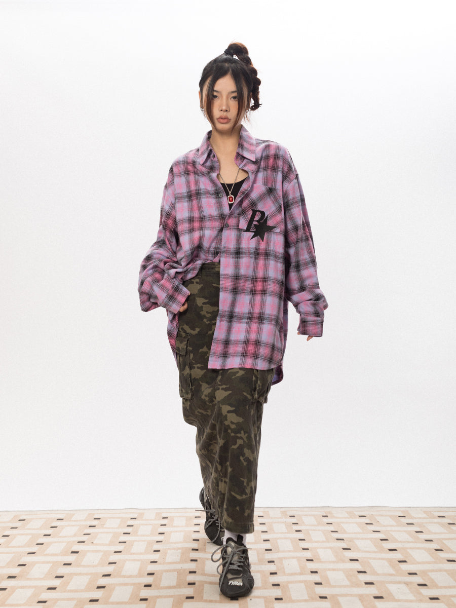 BLACKBB Vintage Plaid Flocked B Letter Print Shirt