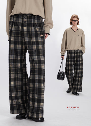 Nariele American Vintage Plaid Pants High Waist Wide Leg Straight Pants