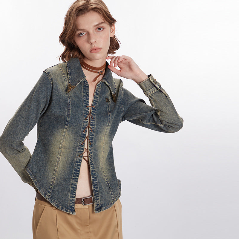 Nariele retro design denim Jacket cow-boy style top long sleeve short jacket