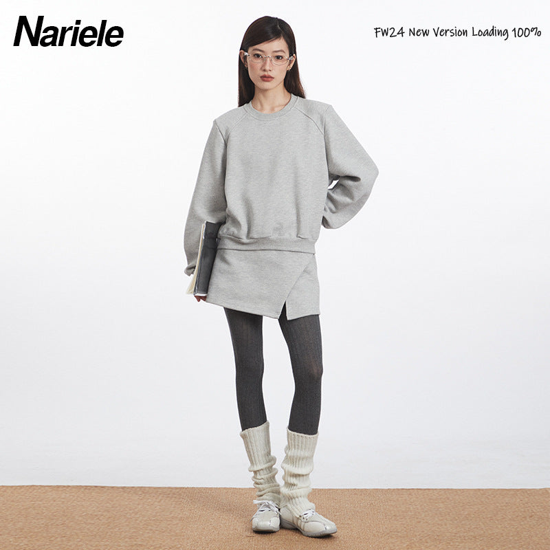 Nariele Round Neck Solid Color Pullover Sweet Short Sweatshirt