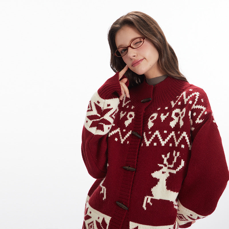 Nariele Christmas cardigan winter lazy loose knit buckle vintage sweater