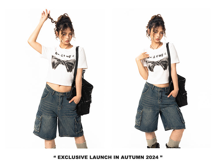 BLACKBB Hot Diamond Bow Print American Basic Retro Slim Fit Women Tee