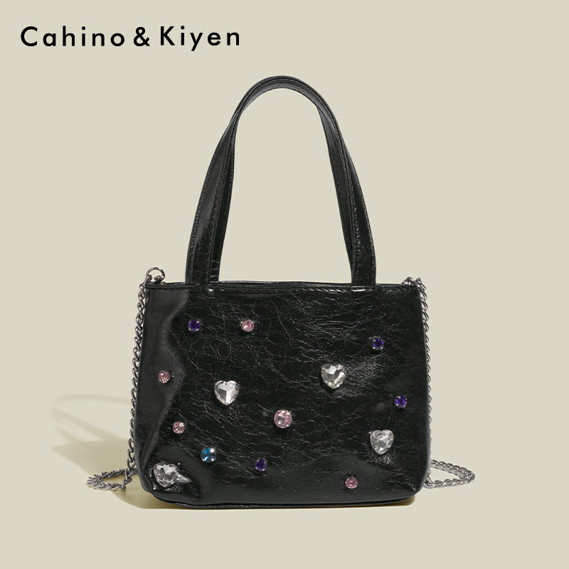 CahinoKiyen Silver Black Women's One-Shoulder Leather Crossbody Chain Bag