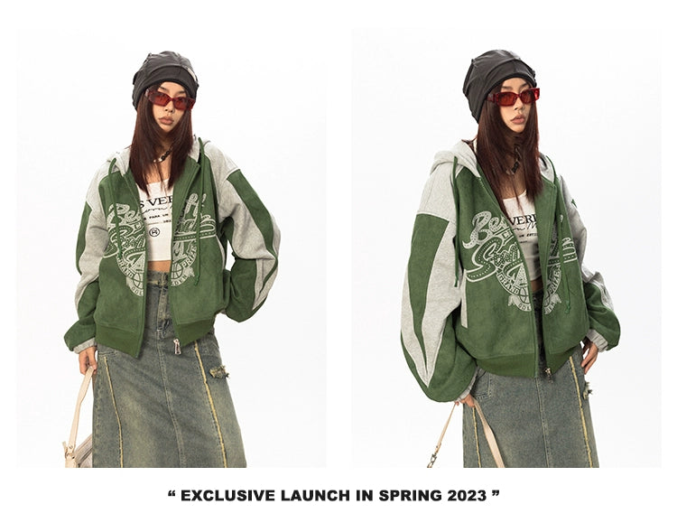 سترة BLACKBB من جلد الغزال المرقعة بغطاء للرأس ومطبوعة بسحاب