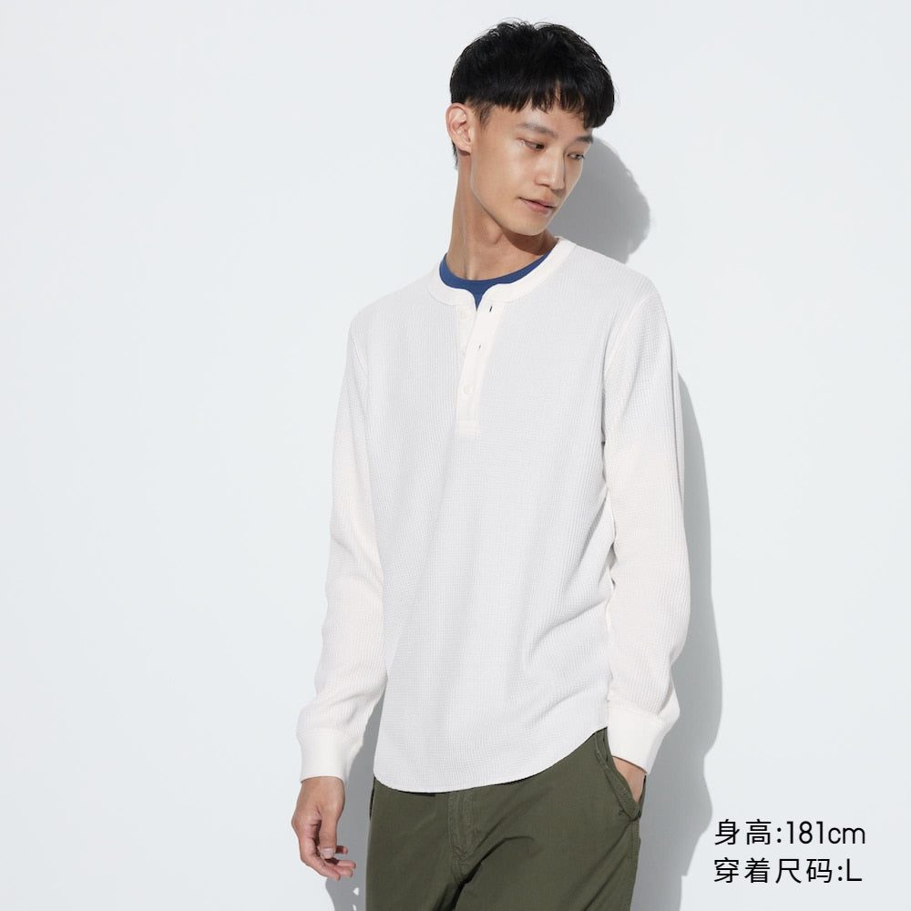 Uniqlo Couple Waffle Henley Collar Pullover Long Sleeve Tee