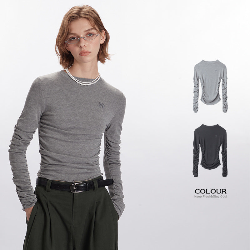 Nariele Embroidered Ruffled Sleeves Waist Design Niche Slim Tight Women Top