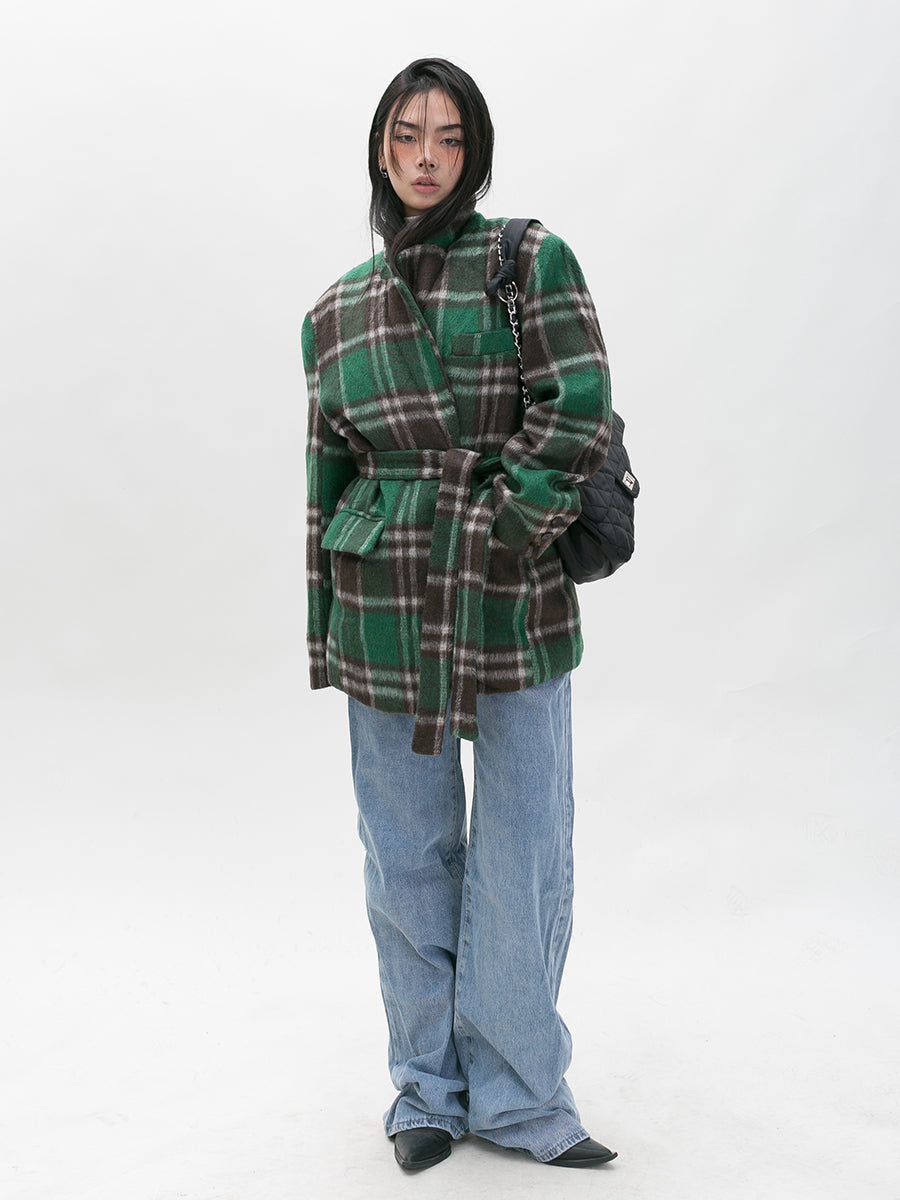 BLACKBB Loose Vintage Green Check Tweed Blazer Coat